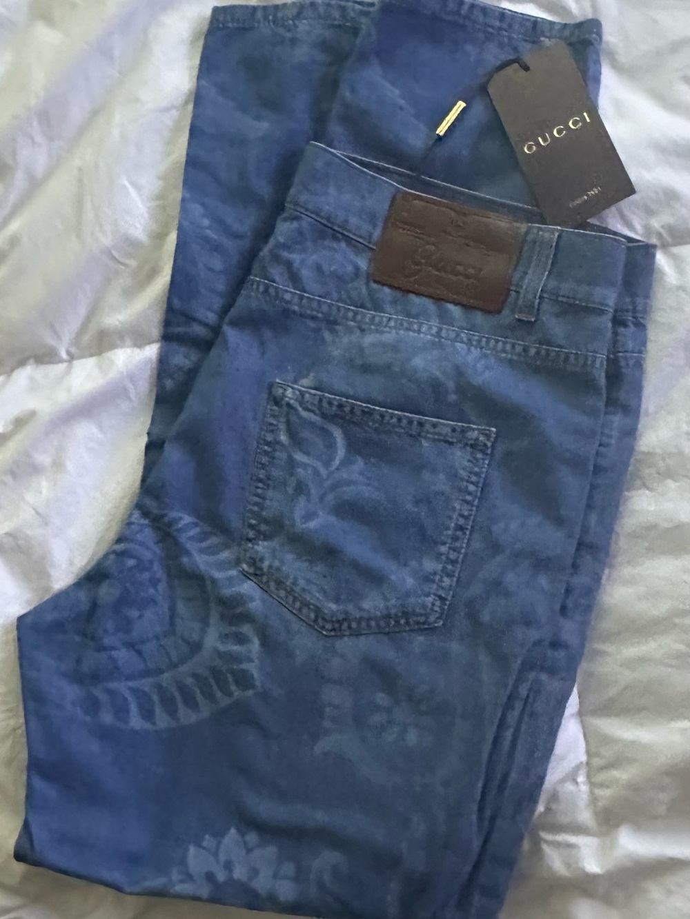 Gucci Navy Blue Slim Straight Jeans with Tonal Floral Motif 100% cotton